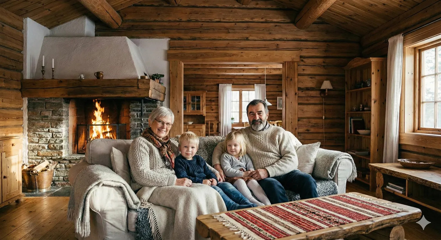 Družina se greje ob kaminu v leseni koči